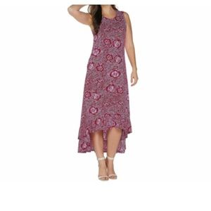 Kelly Clinton Knit Hi/Lo Sleeveless Maxi Dress Ruffle Hem Rose Floral Size LP